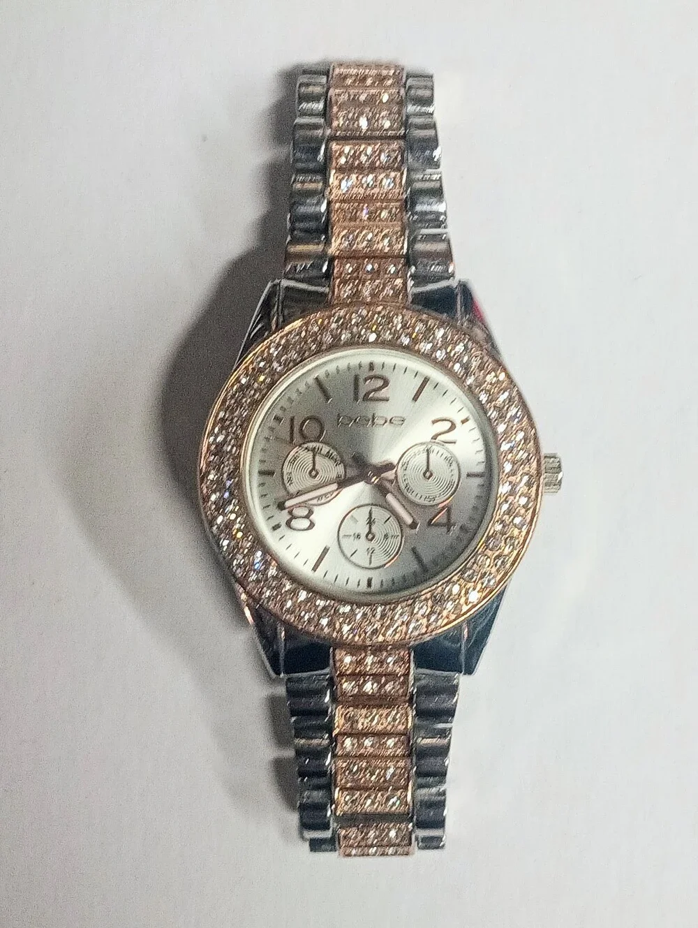 Bebe Womens Crystal Chronograph Watch Two Tone Rose Gold Silver BEB5088 Excellen